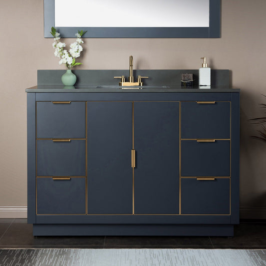 Woodbridge Venice 48" Gray and Gold Trim Solid Wood Vanity Base and Dark Gray Engineered Stone Composite Top With 3 Pre-Drilled Holes for 4" Centerset Faucet