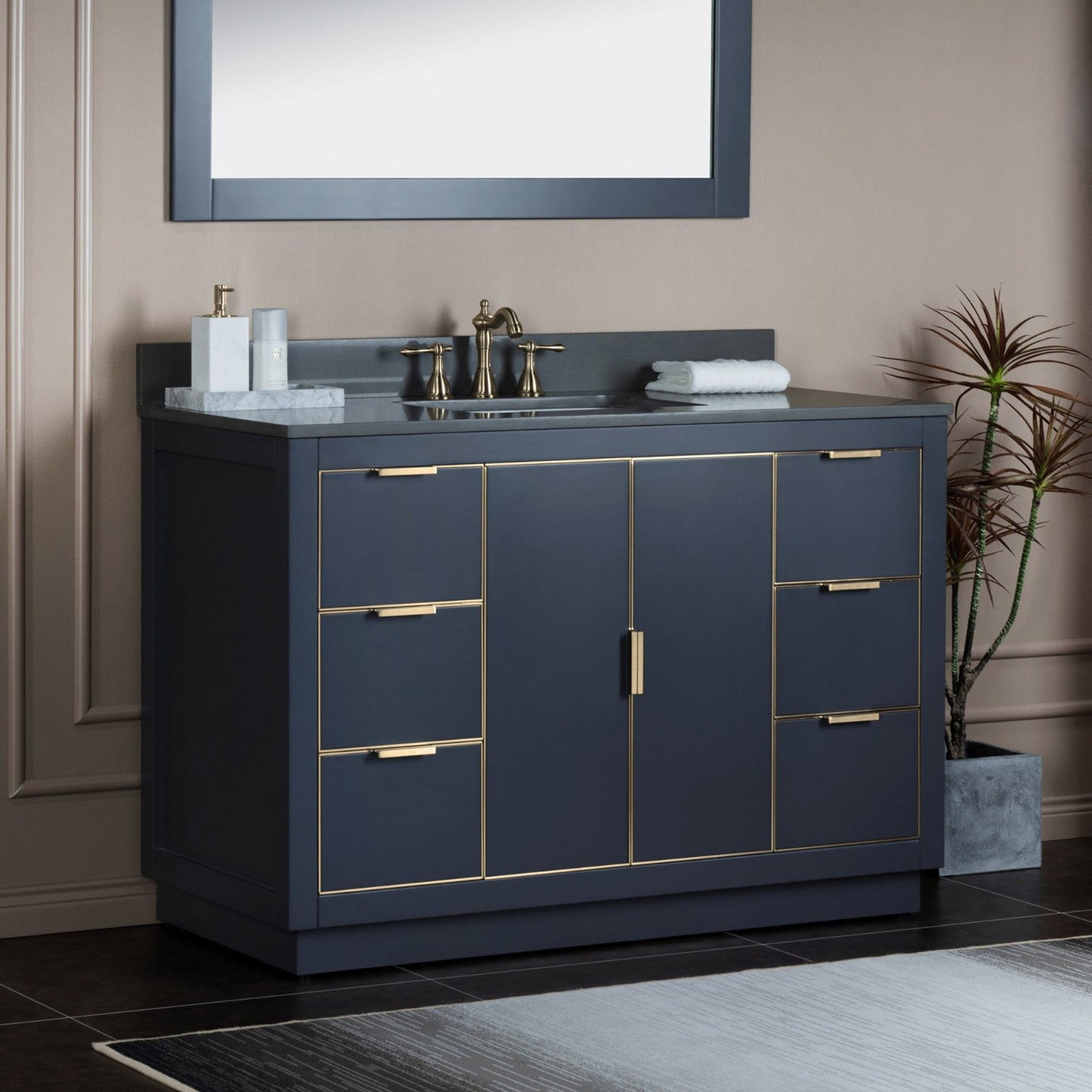 Woodbridge Venice 48" Gray and Gold Trim Solid Wood Vanity Base and Dark Gray Engineered Stone Composite Top With 3 Pre-drilled Holes for 8" Widespread Faucet