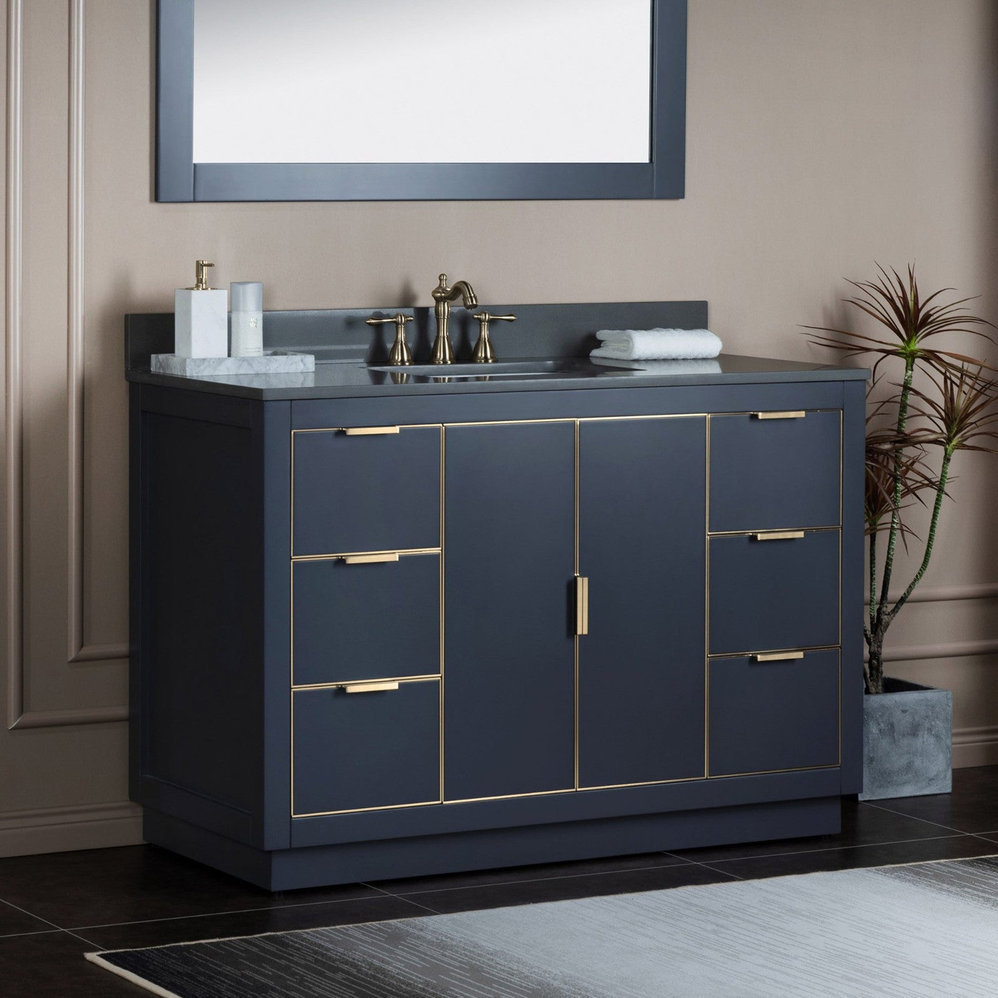 Woodbridge Venice 48" Gray and Gold Trim Solid Wood Vanity Base and Dark Gray Engineered Stone Composite Top With 3 Pre-drilled Holes for 8" Widespread Faucet