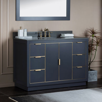 Woodbridge Venice 48" Gray and Gold Trim Solid Wood Vanity Base and Dark Gray Engineered Stone Composite Top With 3 Pre-drilled Holes for 8" Widespread Faucet
