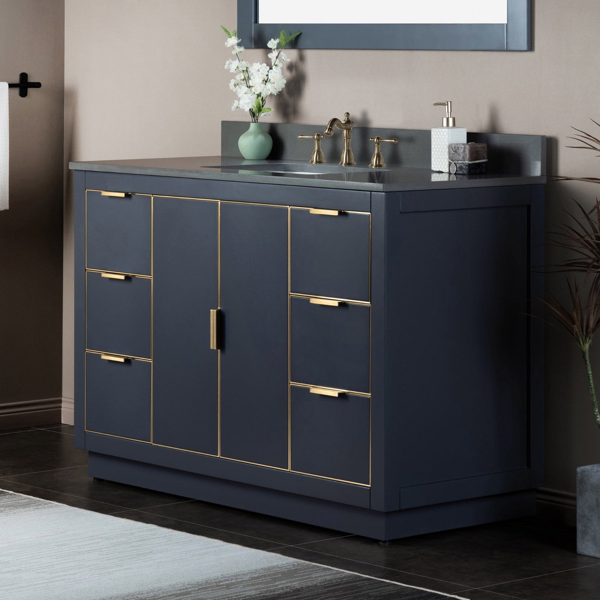 Woodbridge Venice 48" Gray and Gold Trim Solid Wood Vanity Base and Dark Gray Engineered Stone Composite Top With 3 Pre-drilled Holes for 8" Widespread Faucet