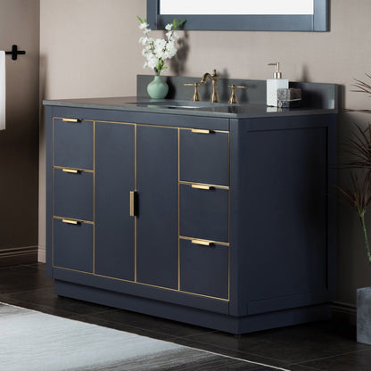Woodbridge Venice 48" Gray and Gold Trim Solid Wood Vanity Base and Dark Gray Engineered Stone Composite Top With 3 Pre-drilled Holes for 8" Widespread Faucet