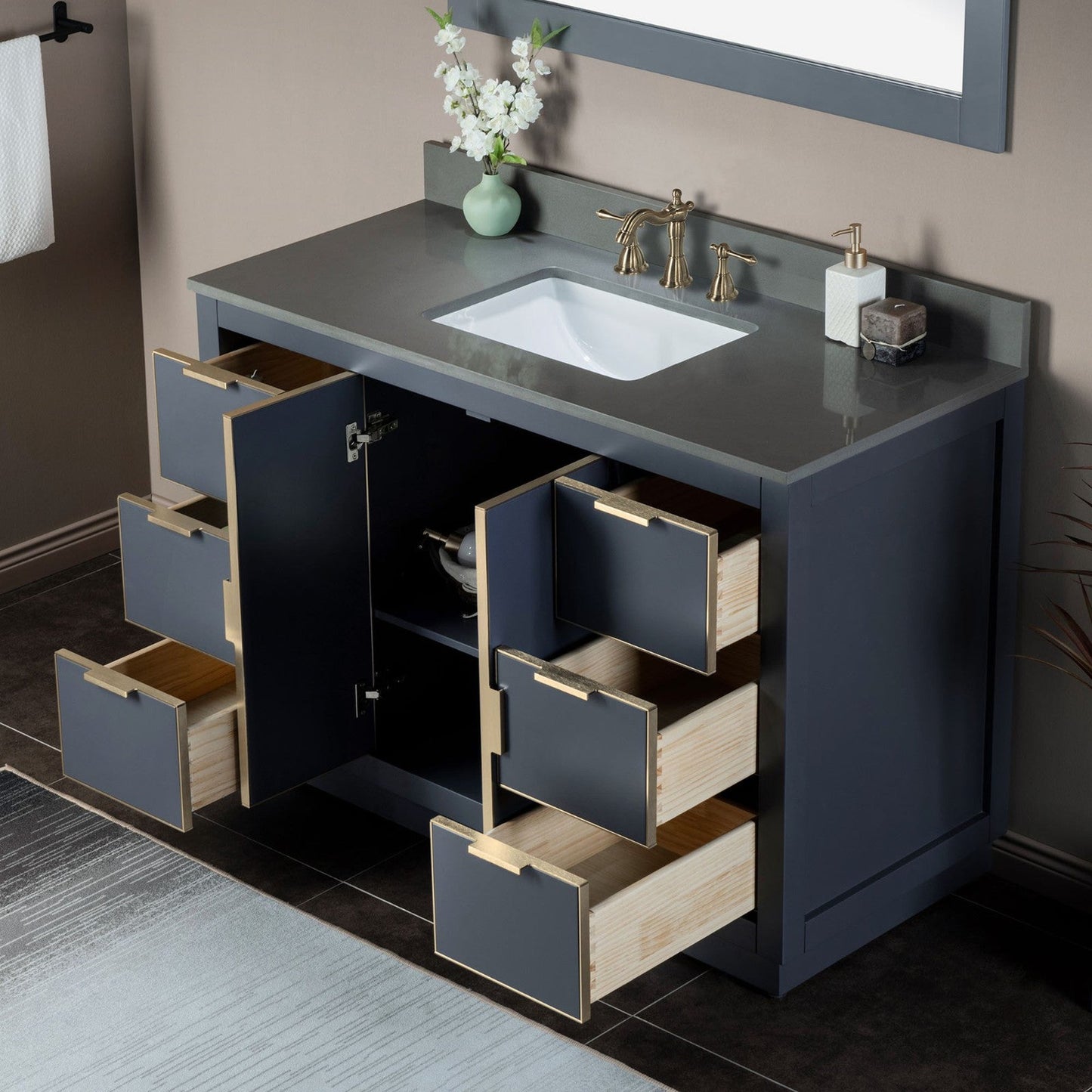 Woodbridge Venice 48" Gray and Gold Trim Solid Wood Vanity Base and Dark Gray Engineered Stone Composite Top With 3 Pre-drilled Holes for 8" Widespread Faucet