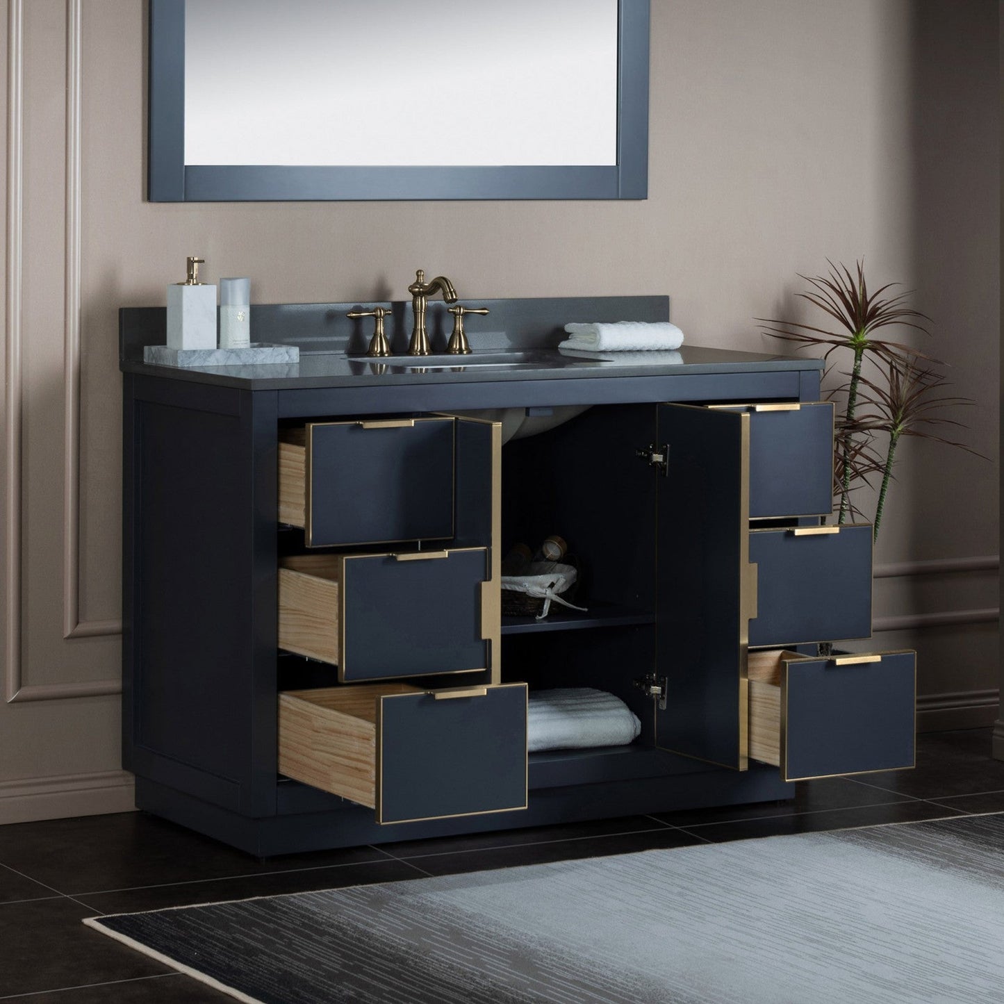 Woodbridge Venice 48" Gray and Gold Trim Solid Wood Vanity Base and Dark Gray Engineered Stone Composite Top With 3 Pre-drilled Holes for 8" Widespread Faucet