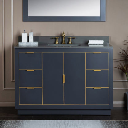 Woodbridge Venice 48" Gray and Gold Trim Solid Wood Vanity Base and Dark Gray Engineered Stone Composite Top With 3 Pre-drilled Holes for 8" Widespread Faucet