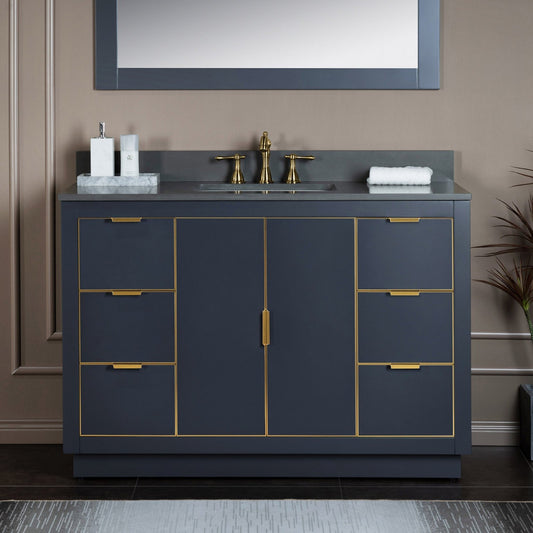 Woodbridge Venice 48" Gray and Gold Trim Solid Wood Vanity Base and Dark Gray Engineered Stone Composite Top With 3 Pre-drilled Holes for 8" Widespread Faucet