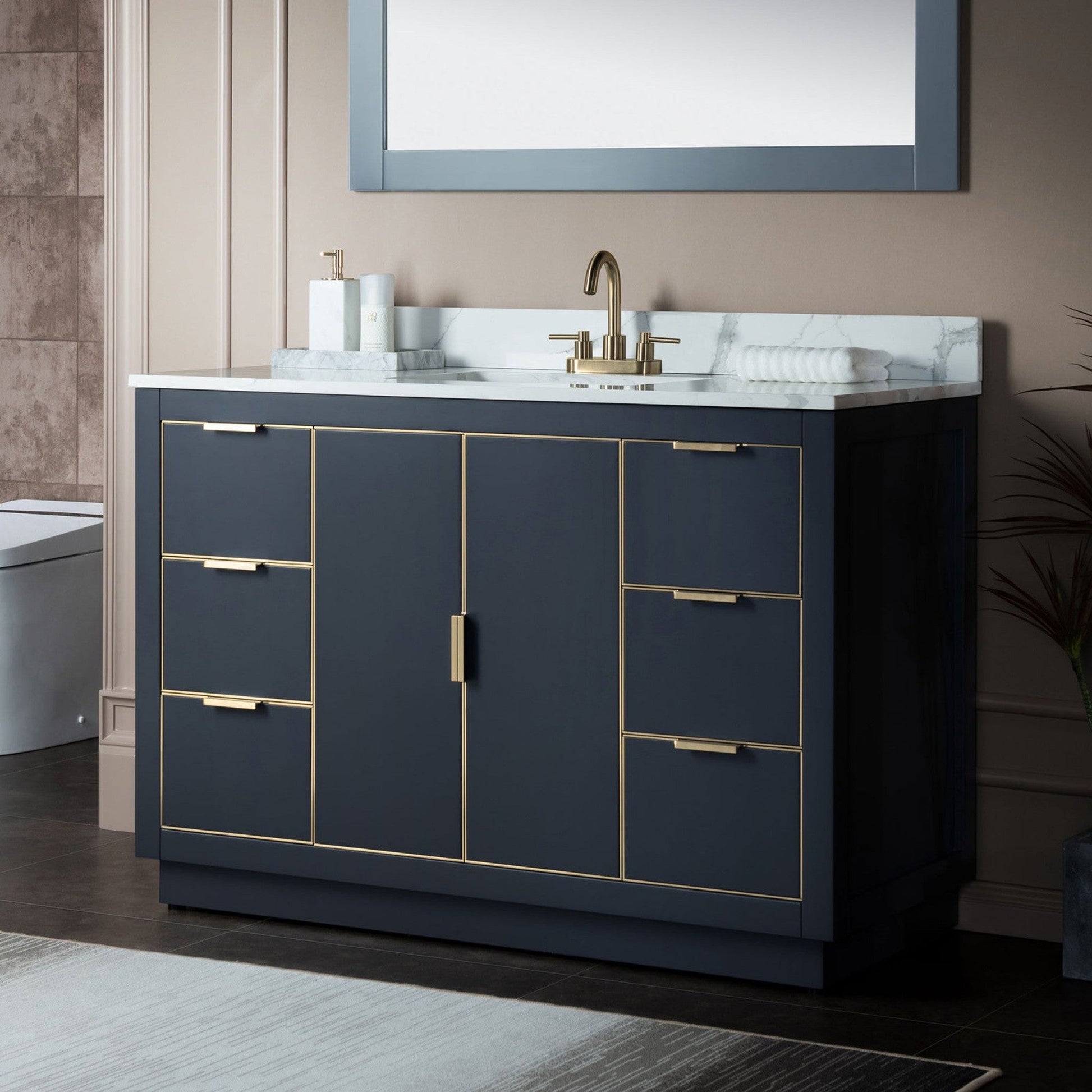 Woodbridge Venice 48" Gray and Gold Trim Solid Wood Vanity Base and Fish Belly White Engineered Stone Composite Top With 3 Pre-Drilled Holes for 4" Centerset Faucet