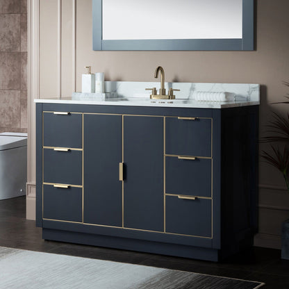 Woodbridge Venice 48" Gray and Gold Trim Solid Wood Vanity Base and Fish Belly White Engineered Stone Composite Top With 3 Pre-Drilled Holes for 4" Centerset Faucet