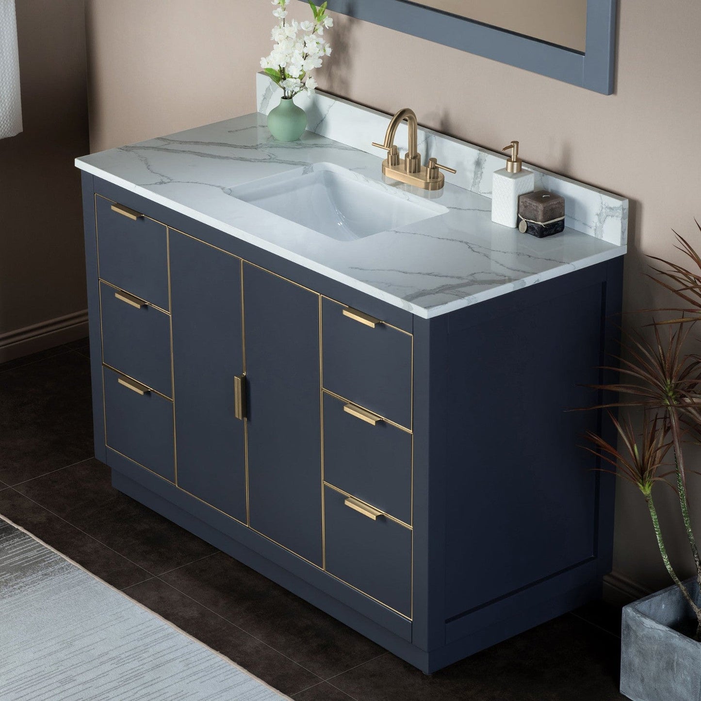 Woodbridge Venice 48" Gray and Gold Trim Solid Wood Vanity Base and Fish Belly White Engineered Stone Composite Top With 3 Pre-Drilled Holes for 4" Centerset Faucet