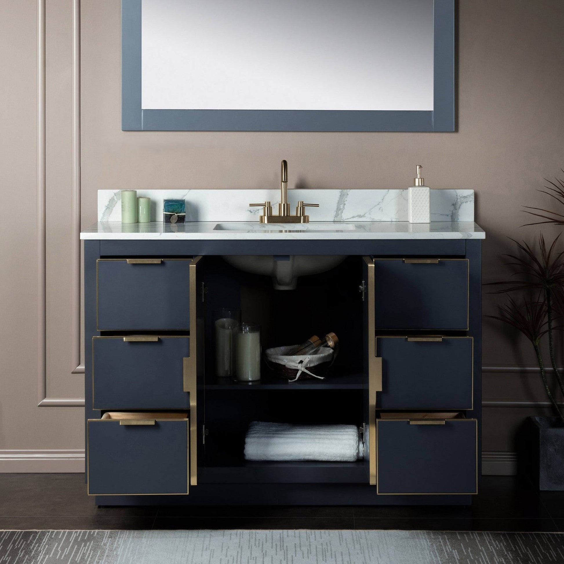 Woodbridge Venice 48" Gray and Gold Trim Solid Wood Vanity Base and Fish Belly White Engineered Stone Composite Top With 3 Pre-Drilled Holes for 4" Centerset Faucet