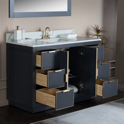 Woodbridge Venice 48" Gray and Gold Trim Solid Wood Vanity Base and Fish Belly White Engineered Stone Composite Top With 3 Pre-Drilled Holes for 4" Centerset Faucet