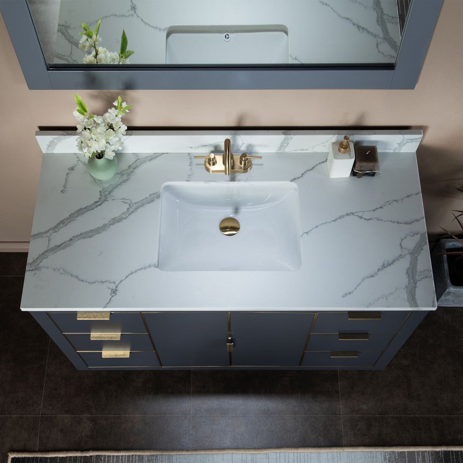 Woodbridge Venice 48" Gray and Gold Trim Solid Wood Vanity Base and Fish Belly White Engineered Stone Composite Top With 3 Pre-Drilled Holes for 4" Centerset Faucet