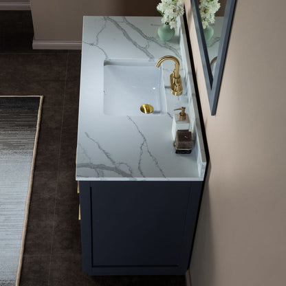 Woodbridge Venice 48" Gray and Gold Trim Solid Wood Vanity Base and Fish Belly White Engineered Stone Composite Top With 3 Pre-Drilled Holes for 4" Centerset Faucet