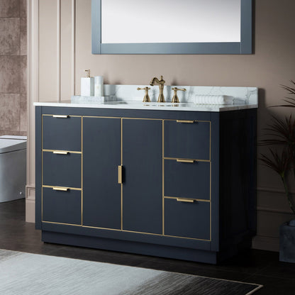 Woodbridge Venice 48" Gray and Gold Trim Solid Wood Vanity Base and Fish Belly White Engineered Stone Composite Top With 3 Pre-drilled Holes for 8" Widespread Faucet