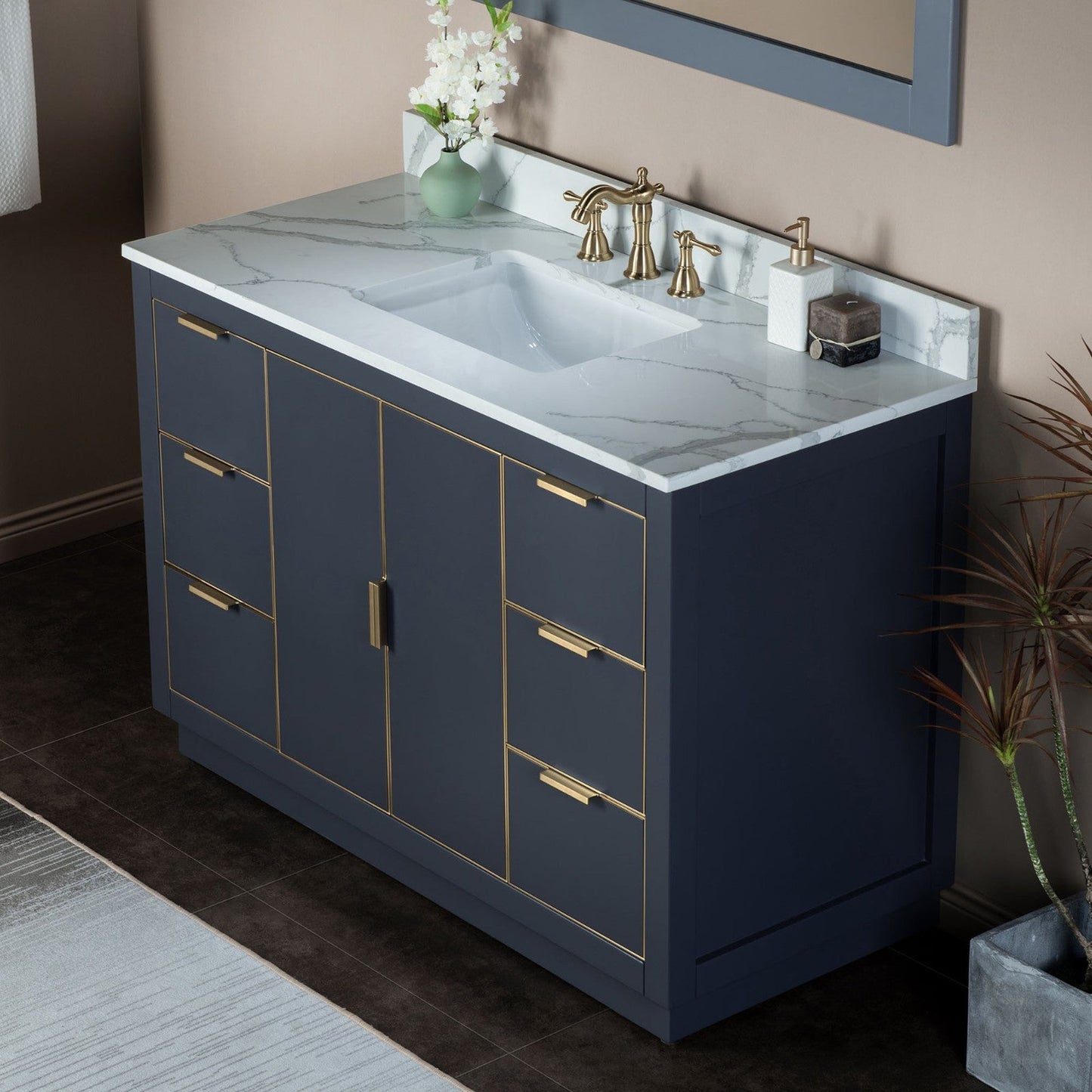 Woodbridge Venice 48" Gray and Gold Trim Solid Wood Vanity Base and Fish Belly White Engineered Stone Composite Top With 3 Pre-drilled Holes for 8" Widespread Faucet
