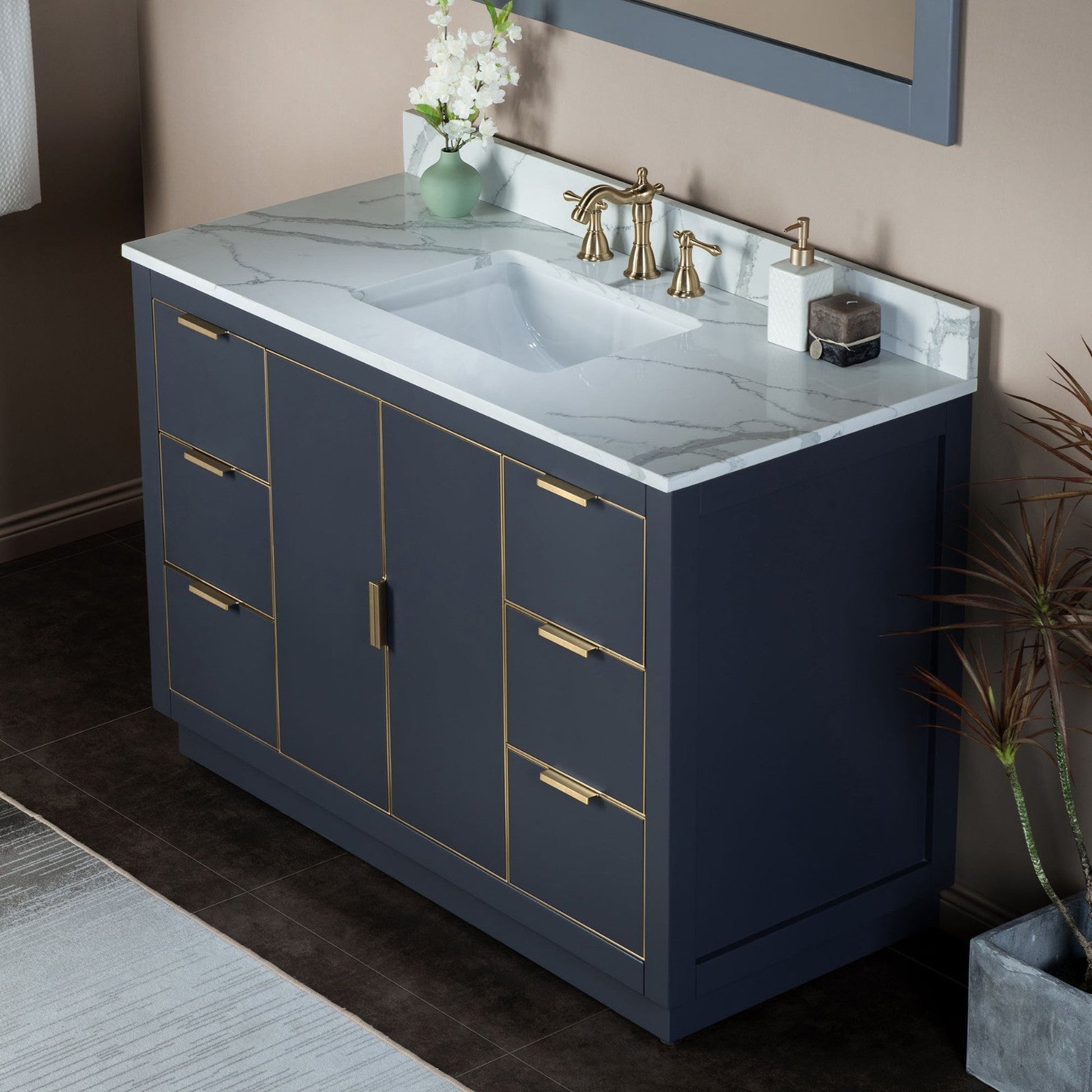 Woodbridge Venice 48" Gray and Gold Trim Solid Wood Vanity Base and Fish Belly White Engineered Stone Composite Top With 3 Pre-drilled Holes for 8" Widespread Faucet