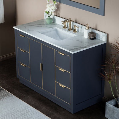 Woodbridge Venice 48" Gray and Gold Trim Solid Wood Vanity Base and Fish Belly White Engineered Stone Composite Top With 3 Pre-drilled Holes for 8" Widespread Faucet