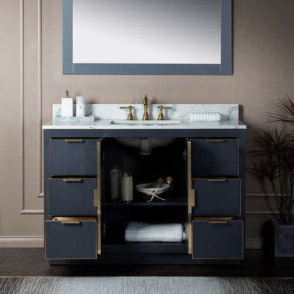 Woodbridge Venice 48" Gray and Gold Trim Solid Wood Vanity Base and Fish Belly White Engineered Stone Composite Top With 3 Pre-drilled Holes for 8" Widespread Faucet