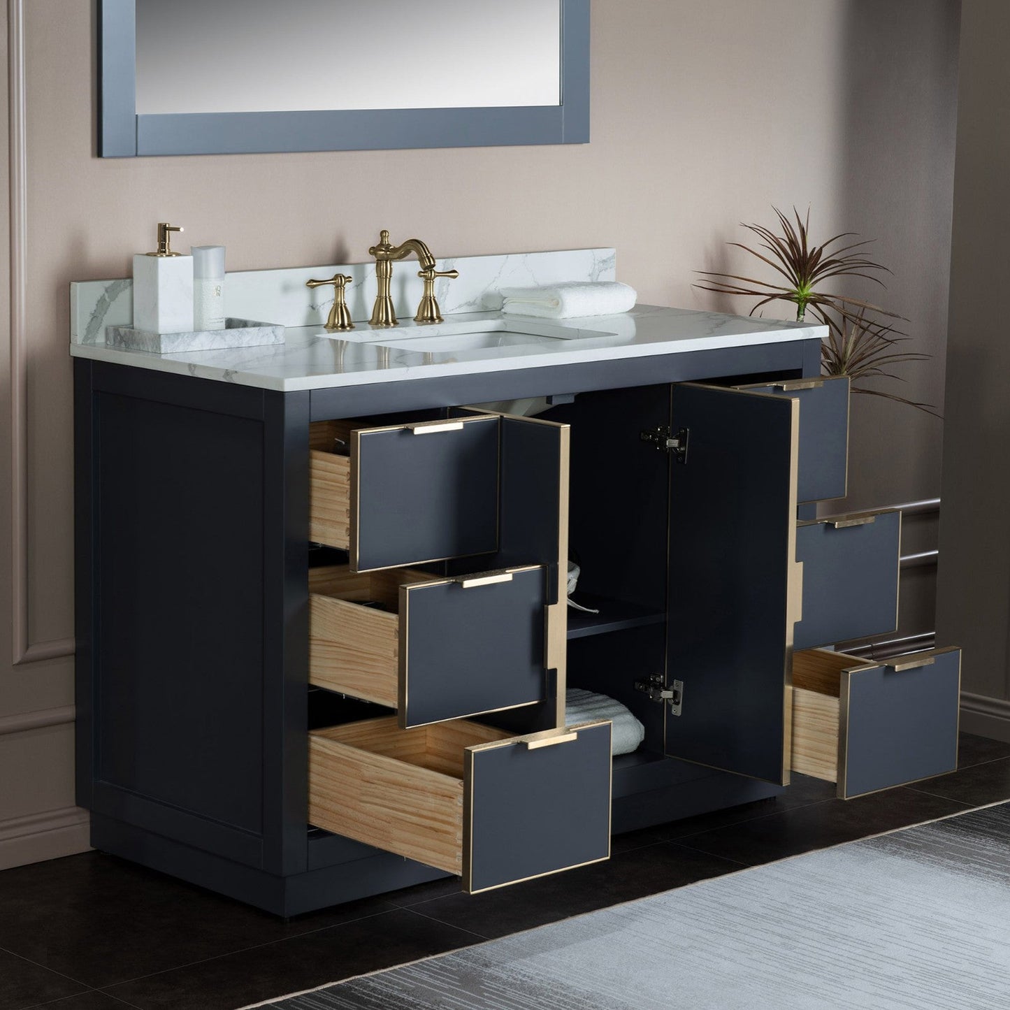 Woodbridge Venice 48" Gray and Gold Trim Solid Wood Vanity Base and Fish Belly White Engineered Stone Composite Top With 3 Pre-drilled Holes for 8" Widespread Faucet