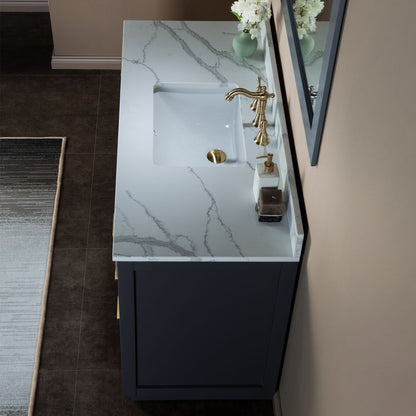 Woodbridge Venice 48" Gray and Gold Trim Solid Wood Vanity Base and Fish Belly White Engineered Stone Composite Top With 3 Pre-drilled Holes for 8" Widespread Faucet