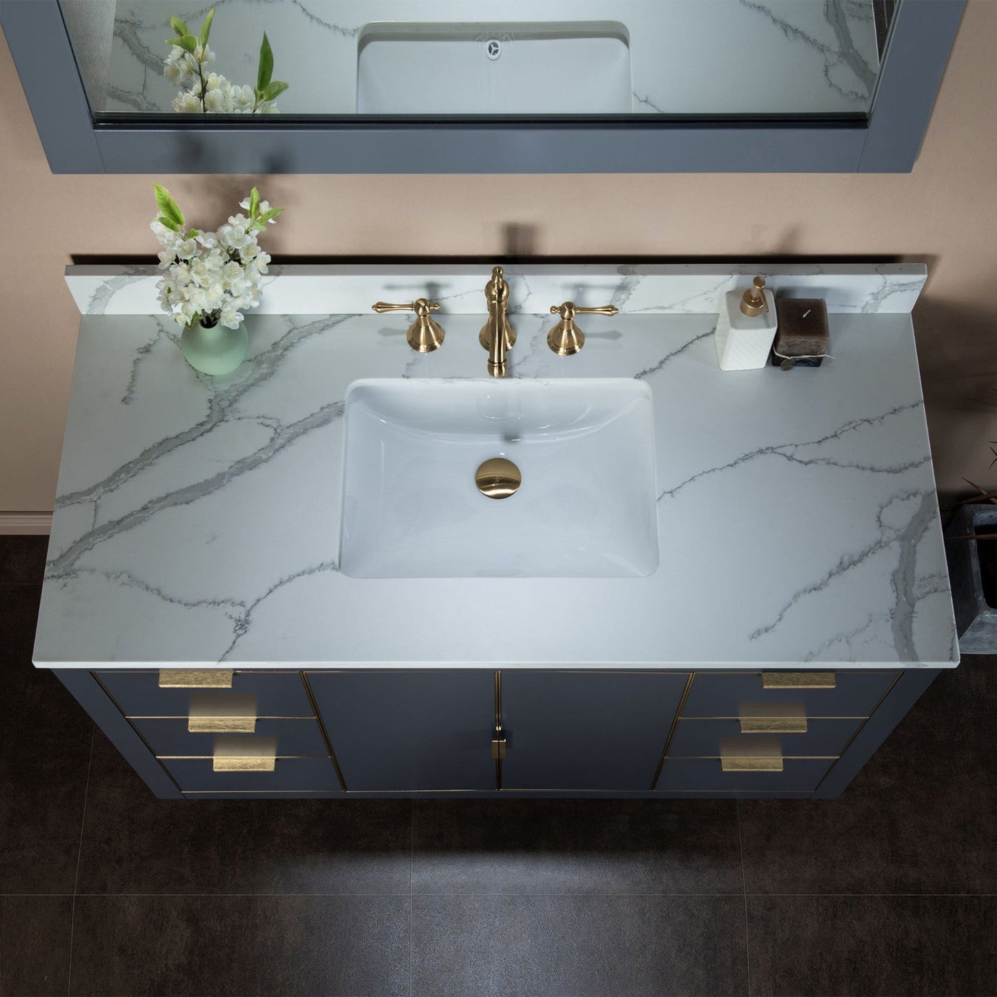 Woodbridge Venice 48" Gray and Gold Trim Solid Wood Vanity Base and Fish Belly White Engineered Stone Composite Top With 3 Pre-drilled Holes for 8" Widespread Faucet