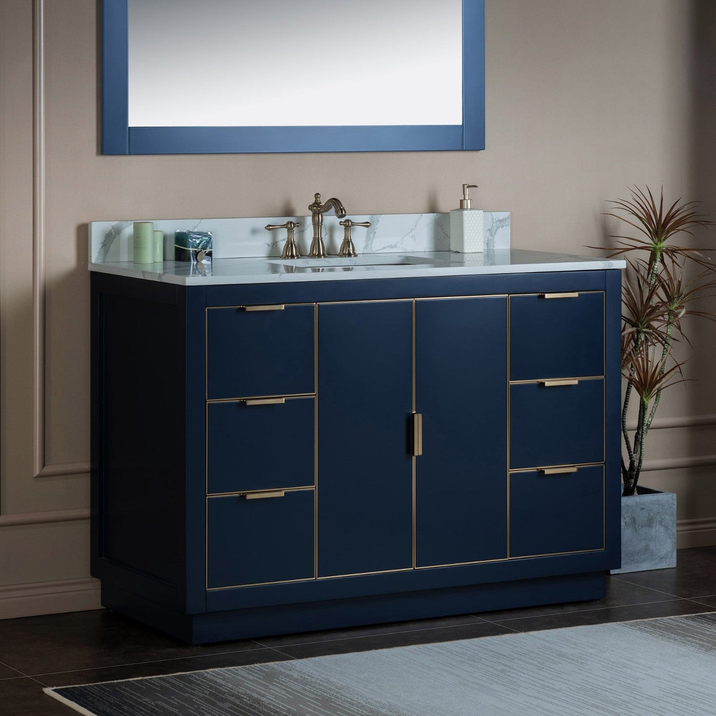 Woodbridge Venice 48" Navy Blue With Gold Trim Solid Wood Vanity Base and Fish Belly White Engineered Stone Composite Top With 3 Pre-drilled Holes for 8" Widespread Faucet