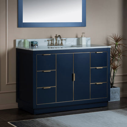 Woodbridge Venice 48" Navy Blue With Gold Trim Solid Wood Vanity Base and Fish Belly White Engineered Stone Composite Top With 3 Pre-drilled Holes for 8" Widespread Faucet