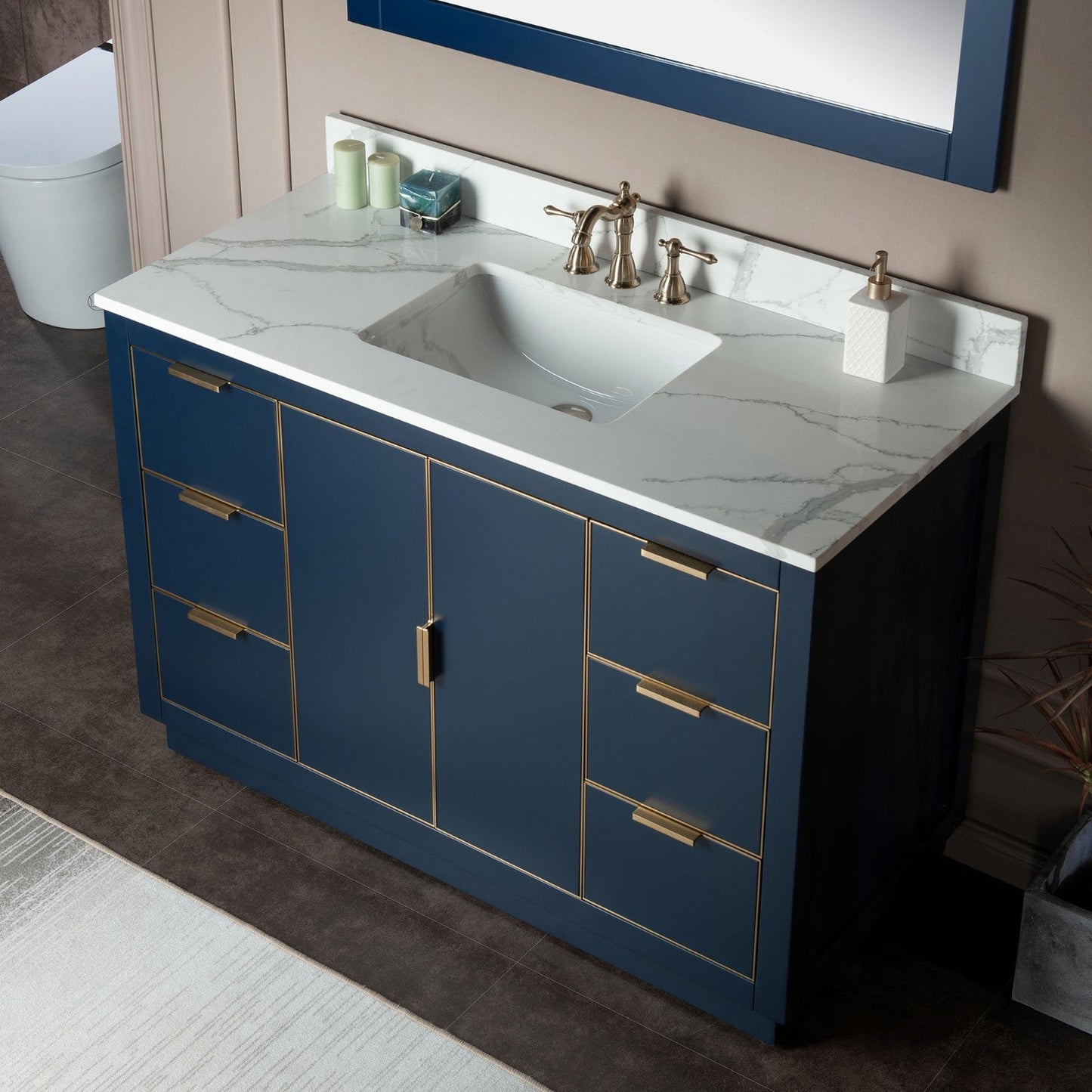 Woodbridge Venice 48" Navy Blue With Gold Trim Solid Wood Vanity Base and Fish Belly White Engineered Stone Composite Top With 3 Pre-drilled Holes for 8" Widespread Faucet