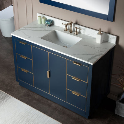 Woodbridge Venice 48" Navy Blue With Gold Trim Solid Wood Vanity Base and Fish Belly White Engineered Stone Composite Top With 3 Pre-drilled Holes for 8" Widespread Faucet