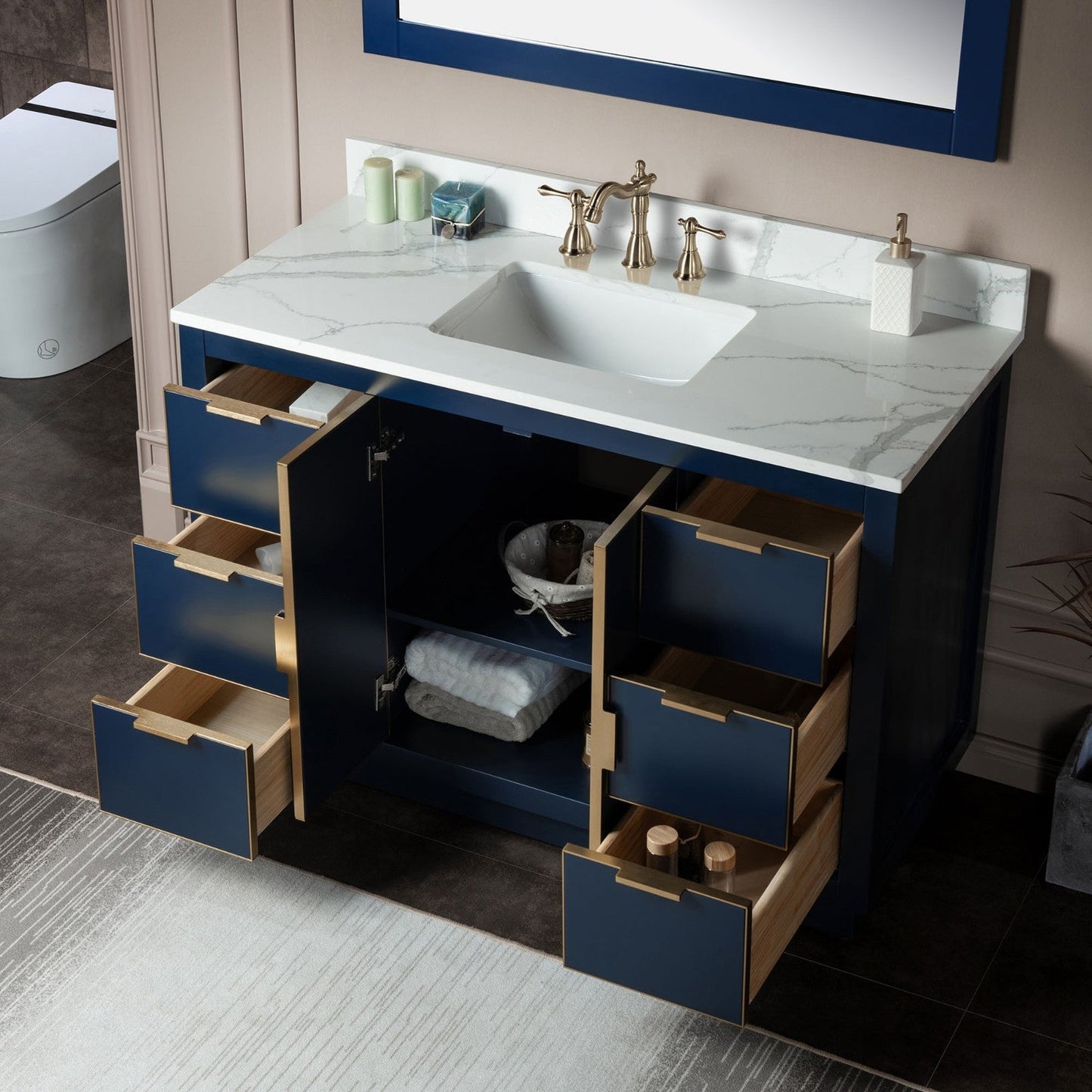 Woodbridge Venice 48" Navy Blue With Gold Trim Solid Wood Vanity Base and Fish Belly White Engineered Stone Composite Top With 3 Pre-drilled Holes for 8" Widespread Faucet