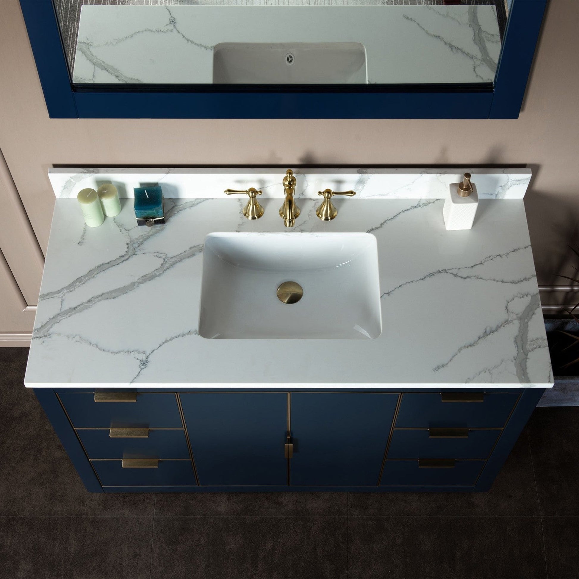 Woodbridge Venice 48" Navy Blue With Gold Trim Solid Wood Vanity Base and Fish Belly White Engineered Stone Composite Top With 3 Pre-drilled Holes for 8" Widespread Faucet
