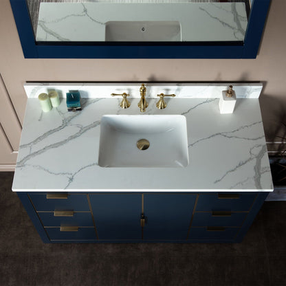 Woodbridge Venice 48" Navy Blue With Gold Trim Solid Wood Vanity Base and Fish Belly White Engineered Stone Composite Top With 3 Pre-drilled Holes for 8" Widespread Faucet