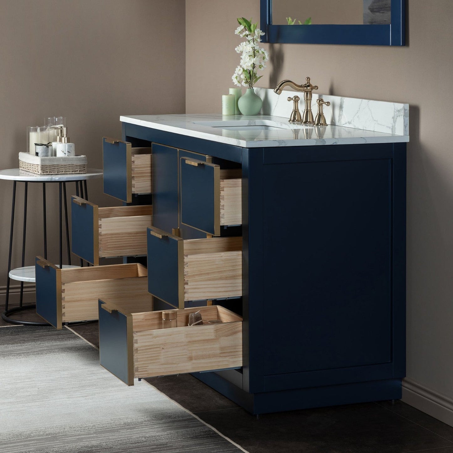 Woodbridge Venice 48" Navy Blue With Gold Trim Solid Wood Vanity Base and Fish Belly White Engineered Stone Composite Top With 3 Pre-drilled Holes for 8" Widespread Faucet