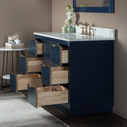 Woodbridge Venice 48" Navy Blue With Gold Trim Solid Wood Vanity Base and Fish Belly White Engineered Stone Composite Top With 3 Pre-drilled Holes for 8" Widespread Faucet