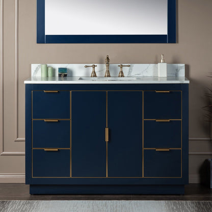 Woodbridge Venice 48" Navy Blue With Gold Trim Solid Wood Vanity Base and Fish Belly White Engineered Stone Composite Top With 3 Pre-drilled Holes for 8" Widespread Faucet