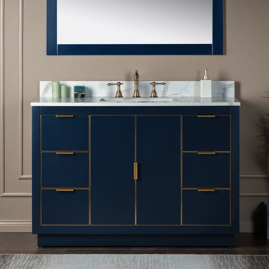 Woodbridge Venice 48" Navy Blue With Gold Trim Solid Wood Vanity Base and Fish Belly White Engineered Stone Composite Top With 3 Pre-drilled Holes for 8" Widespread Faucet