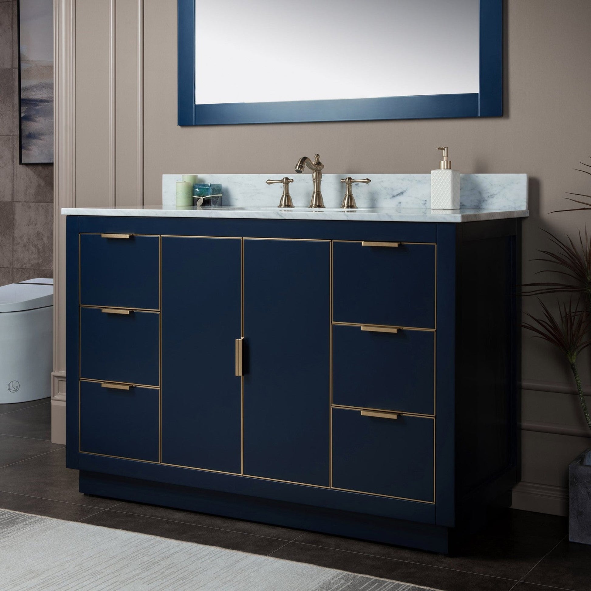 Woodbridge Venice 48" Navy Blue and Gold Trim Solid Wood Vanity Base and Carrara Marble Top With 3 Pre-drilled Holes for 8" Widespread Faucet