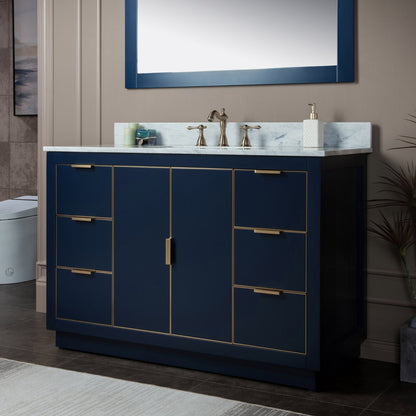 Woodbridge Venice 48" Navy Blue and Gold Trim Solid Wood Vanity Base and Carrara Marble Top With 3 Pre-drilled Holes for 8" Widespread Faucet