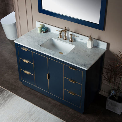 Woodbridge Venice 48" Navy Blue and Gold Trim Solid Wood Vanity Base and Carrara Marble Top With 3 Pre-drilled Holes for 8" Widespread Faucet