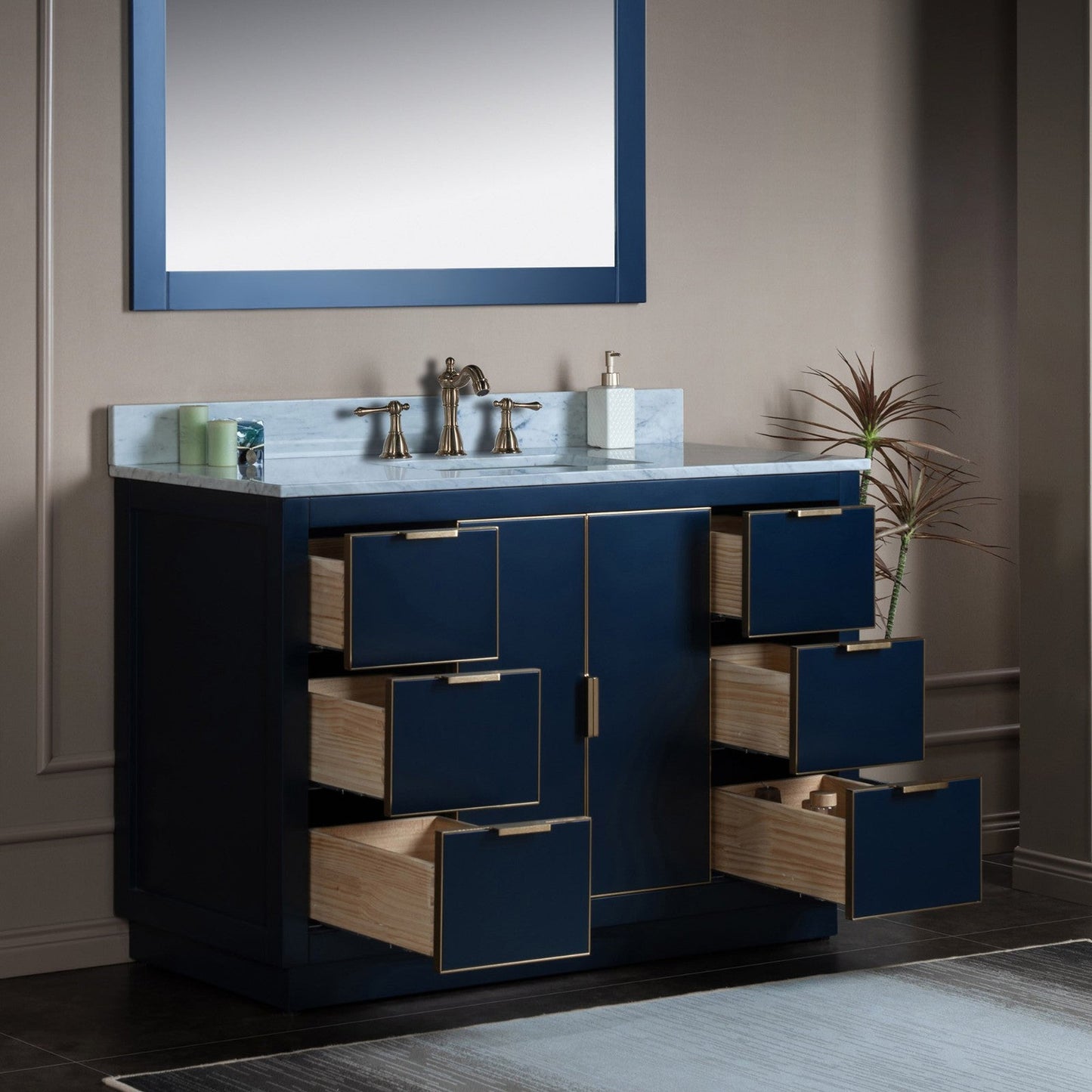 Woodbridge Venice 48" Navy Blue and Gold Trim Solid Wood Vanity Base and Carrara Marble Top With 3 Pre-drilled Holes for 8" Widespread Faucet