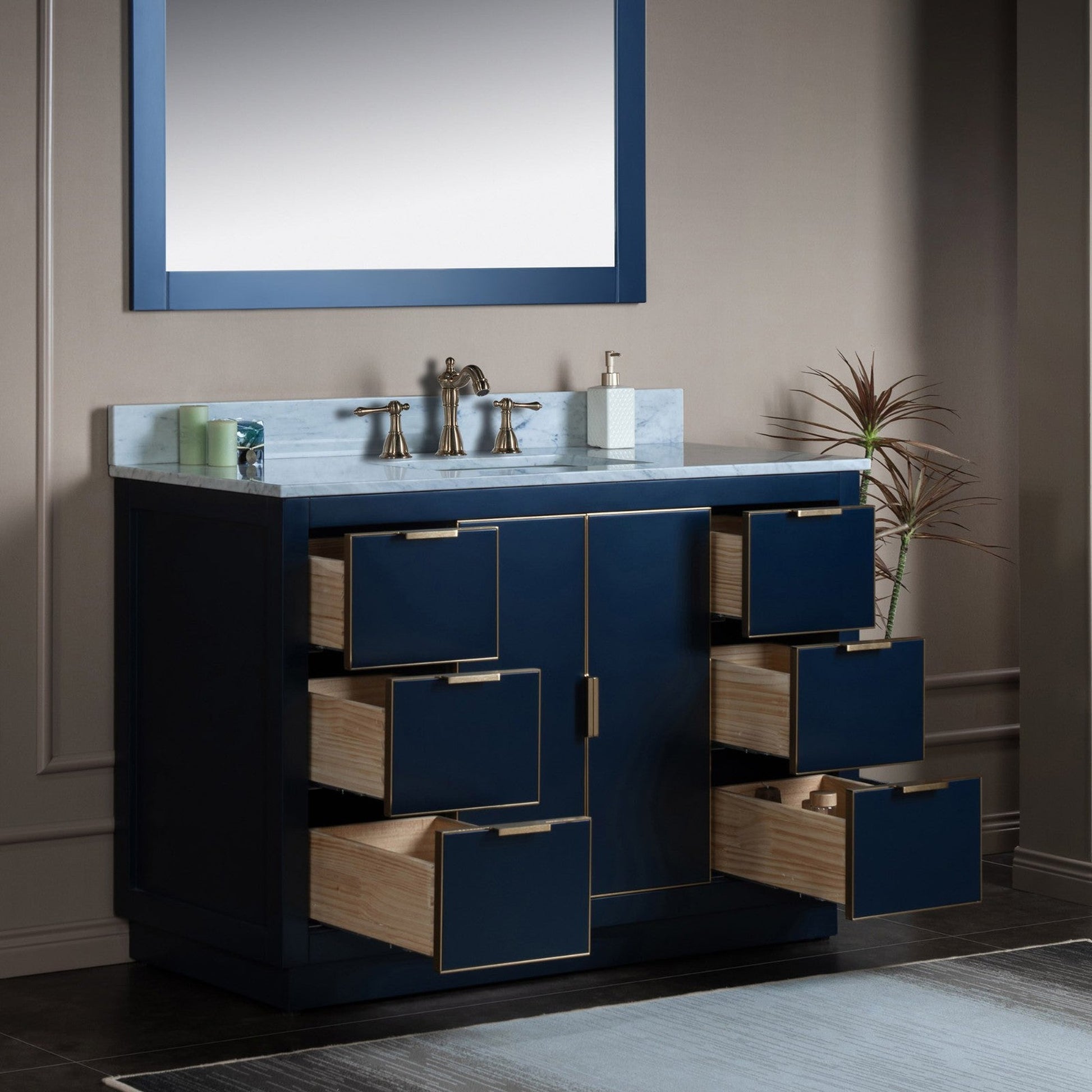 Woodbridge Venice 48" Navy Blue and Gold Trim Solid Wood Vanity Base and Carrara Marble Top With 3 Pre-drilled Holes for 8" Widespread Faucet
