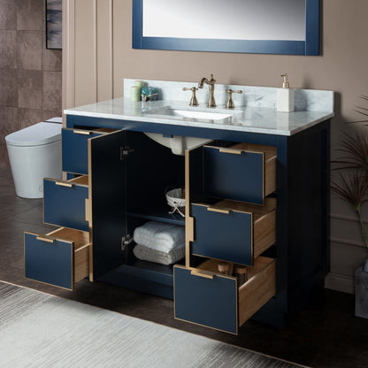 Woodbridge Venice 48" Navy Blue and Gold Trim Solid Wood Vanity Base and Carrara Marble Top With 3 Pre-drilled Holes for 8" Widespread Faucet