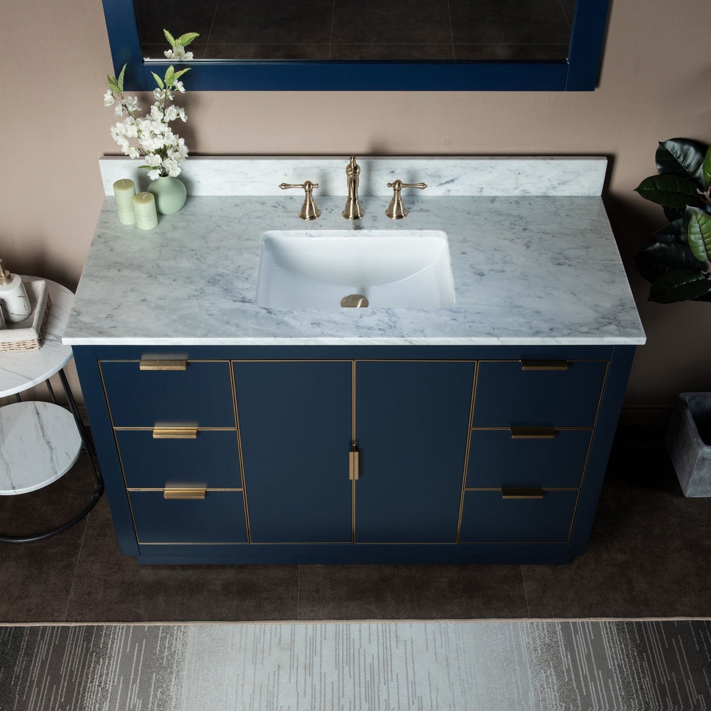 Woodbridge Venice 48" Navy Blue and Gold Trim Solid Wood Vanity Base and Carrara Marble Top With 3 Pre-drilled Holes for 8" Widespread Faucet