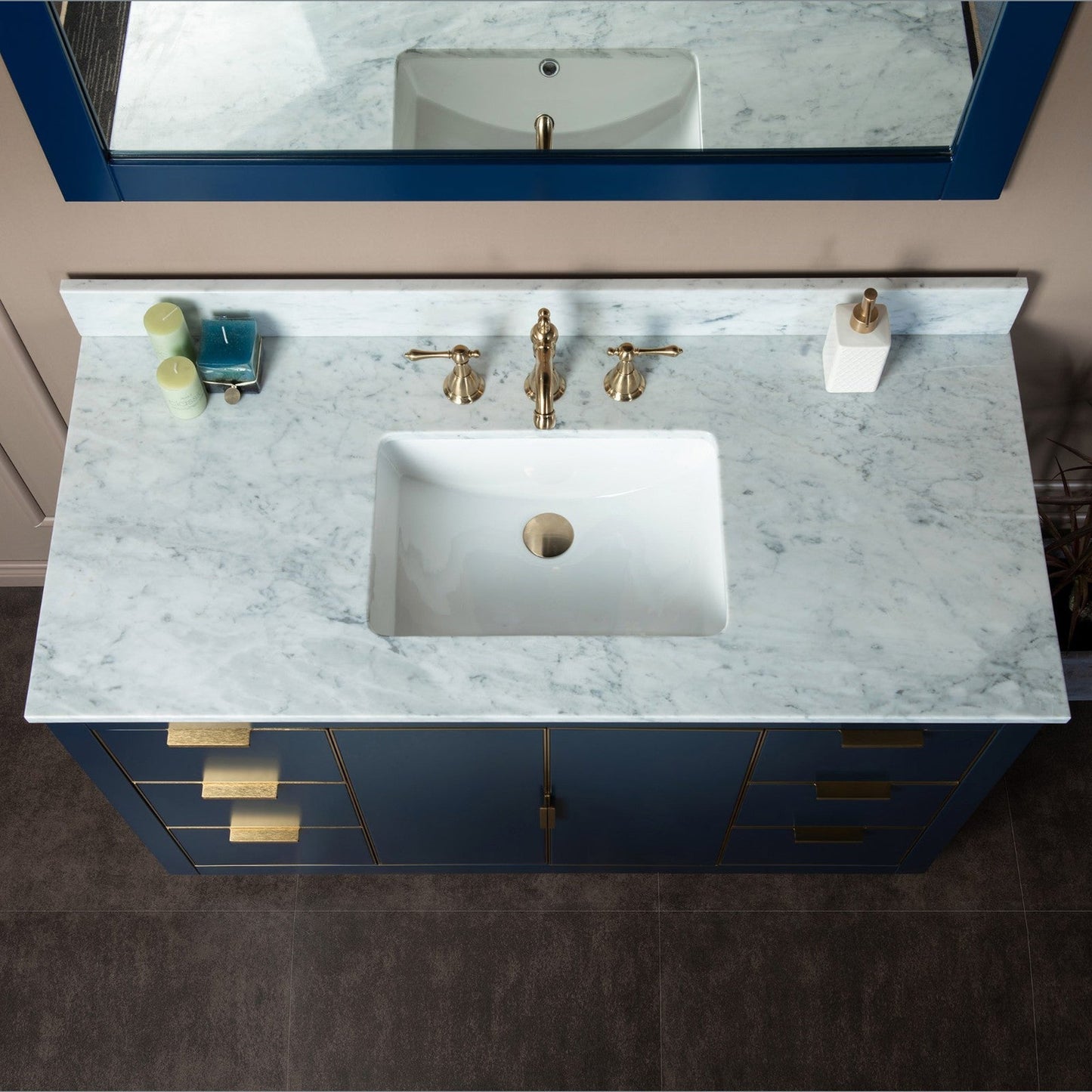 Woodbridge Venice 48" Navy Blue and Gold Trim Solid Wood Vanity Base and Carrara Marble Top With 3 Pre-drilled Holes for 8" Widespread Faucet