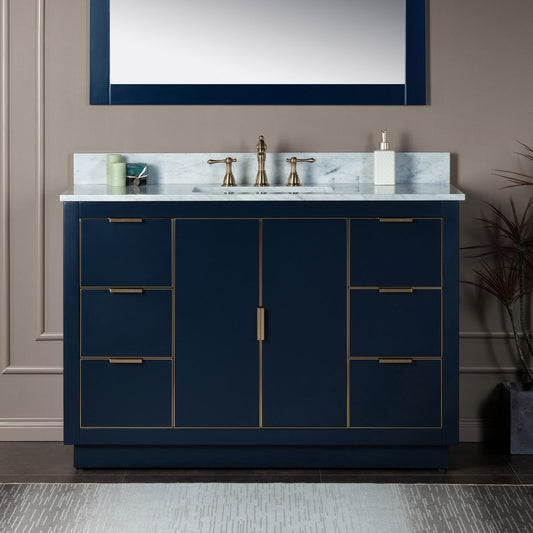 Woodbridge Venice 48" Navy Blue and Gold Trim Solid Wood Vanity Base and Carrara Marble Top With 3 Pre-drilled Holes for 8" Widespread Faucet