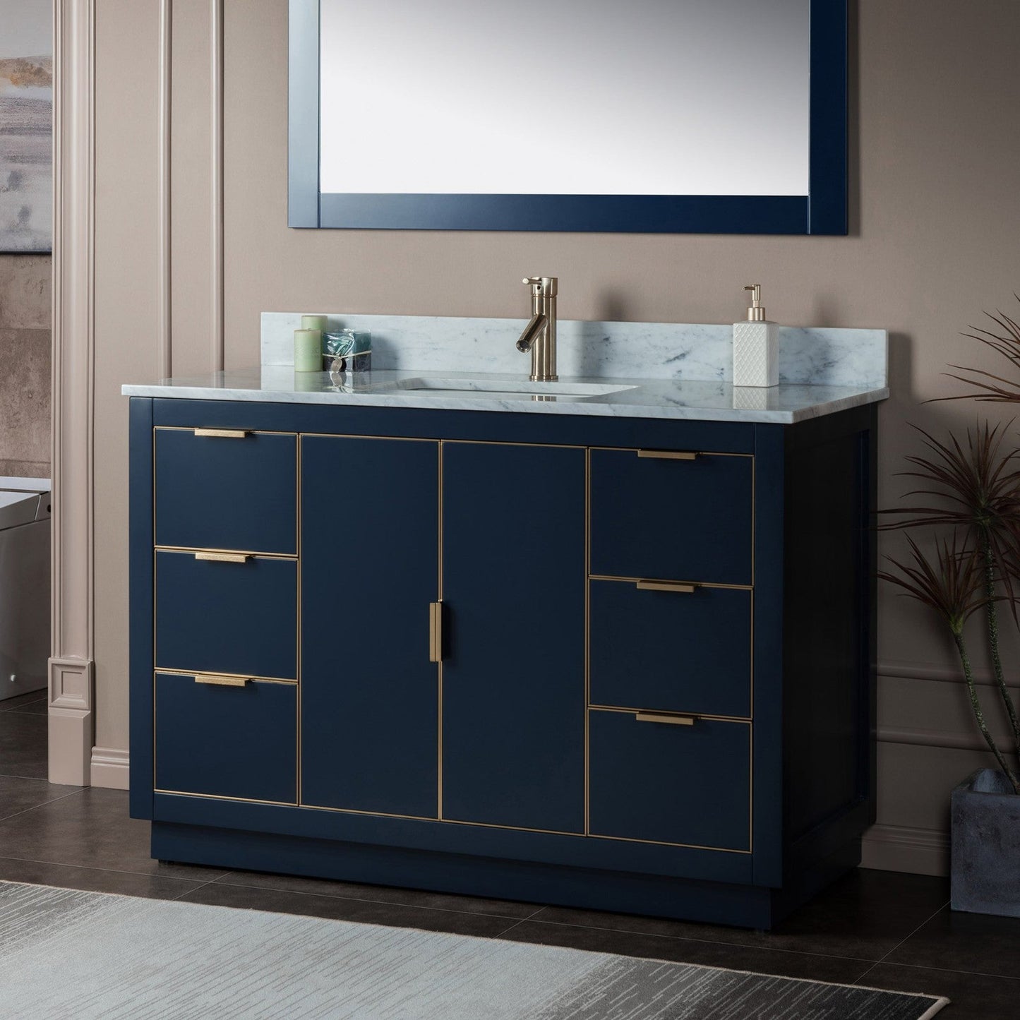 Woodbridge Venice 48" Navy Blue and Gold Trim Solid Wood Vanity Base and Carrara Marble Top With Pre-Drilled Single Hole Faucet