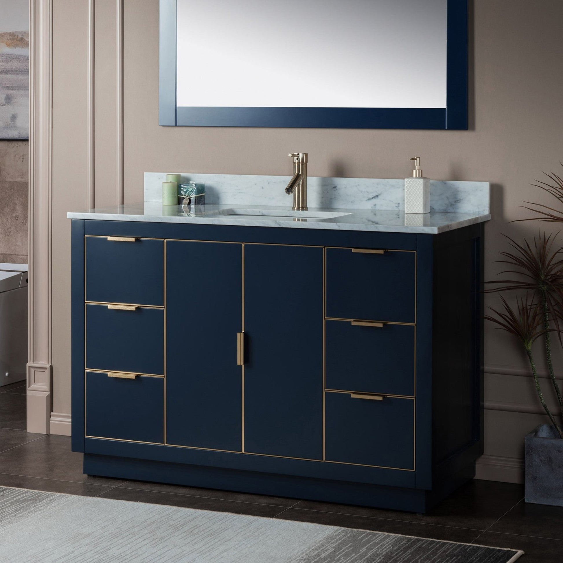 Woodbridge Venice 48" Navy Blue and Gold Trim Solid Wood Vanity Base and Carrara Marble Top With Pre-Drilled Single Hole Faucet