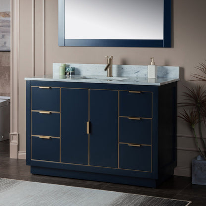 Woodbridge Venice 48" Navy Blue and Gold Trim Solid Wood Vanity Base and Carrara Marble Top With Pre-Drilled Single Hole Faucet