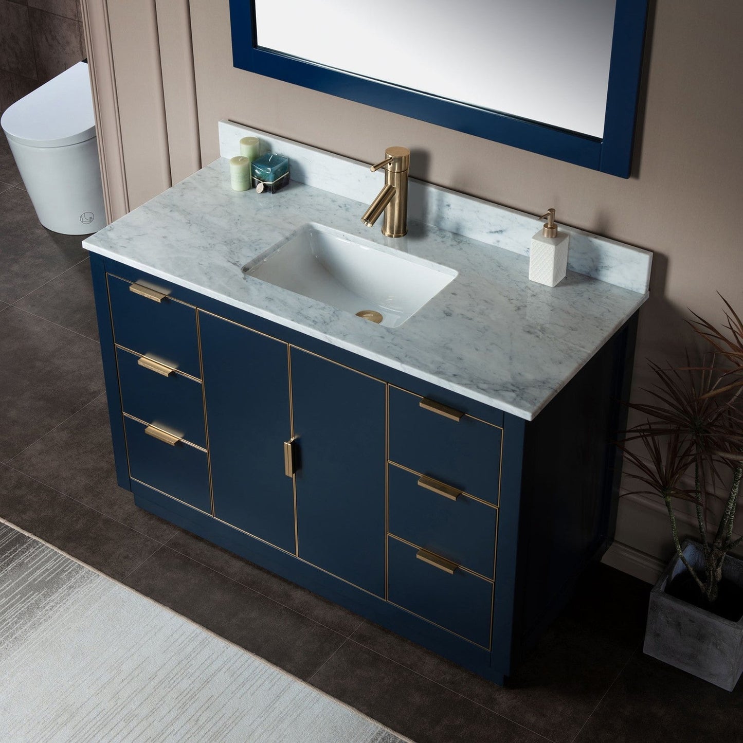 Woodbridge Venice 48" Navy Blue and Gold Trim Solid Wood Vanity Base and Carrara Marble Top With Pre-Drilled Single Hole Faucet