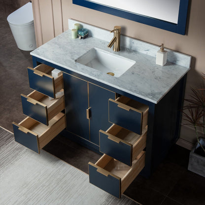 Woodbridge Venice 48" Navy Blue and Gold Trim Solid Wood Vanity Base and Carrara Marble Top With Pre-Drilled Single Hole Faucet
